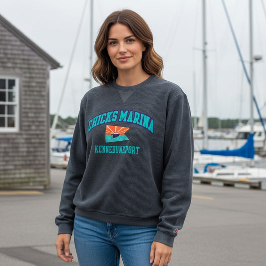 Chicks Marina women's dark grey corduroy crewneck sweatshirt with graphic logo on chest. 100% cotton.