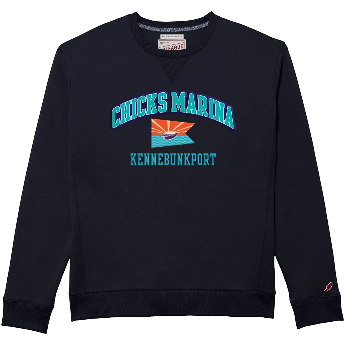 Chicks Marina navy blue crew sweatshirt with front logo, featuring a ribbed crewneck and soft sueded fleece fabric.
