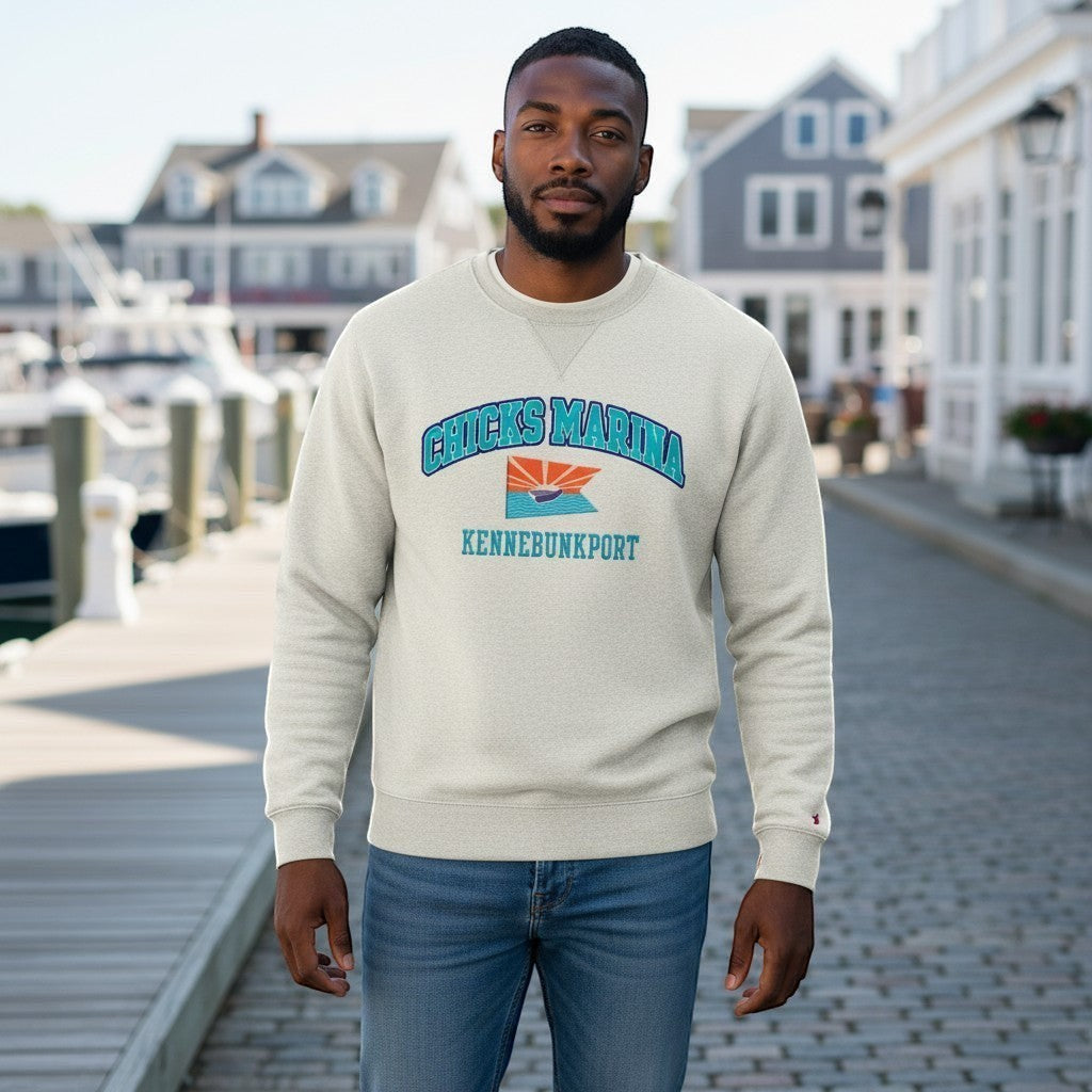 Chicks Marina oatmeal sueded fleece crew sweatshirt with front logo and V-notch detail.