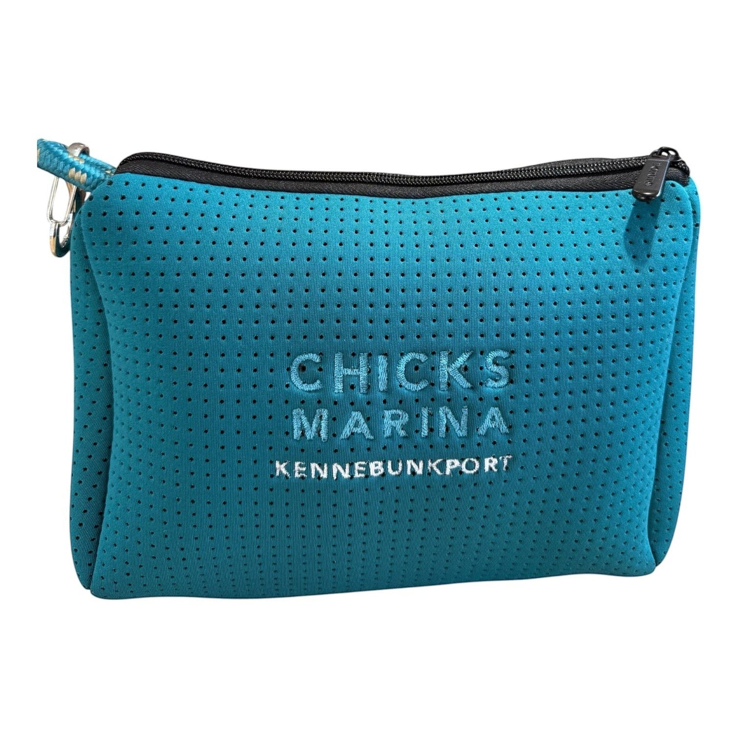 Chicks Marina teal perforated neoprene pop pouch with a black zipper and convenient clip for travel organization.