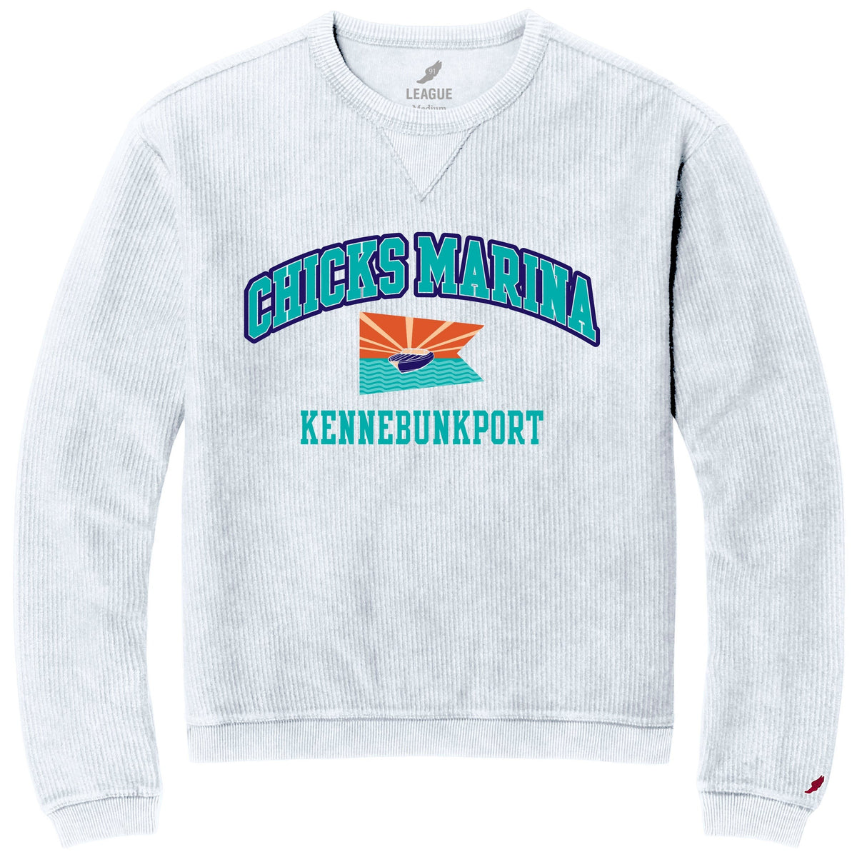 Chicks Marina white corduroy crewneck sweatshirt with graphic logo and Kennebunkport text.