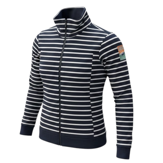 Women's Striped Crew Fleece Jacket – Tall Collar with Zippered Pockets