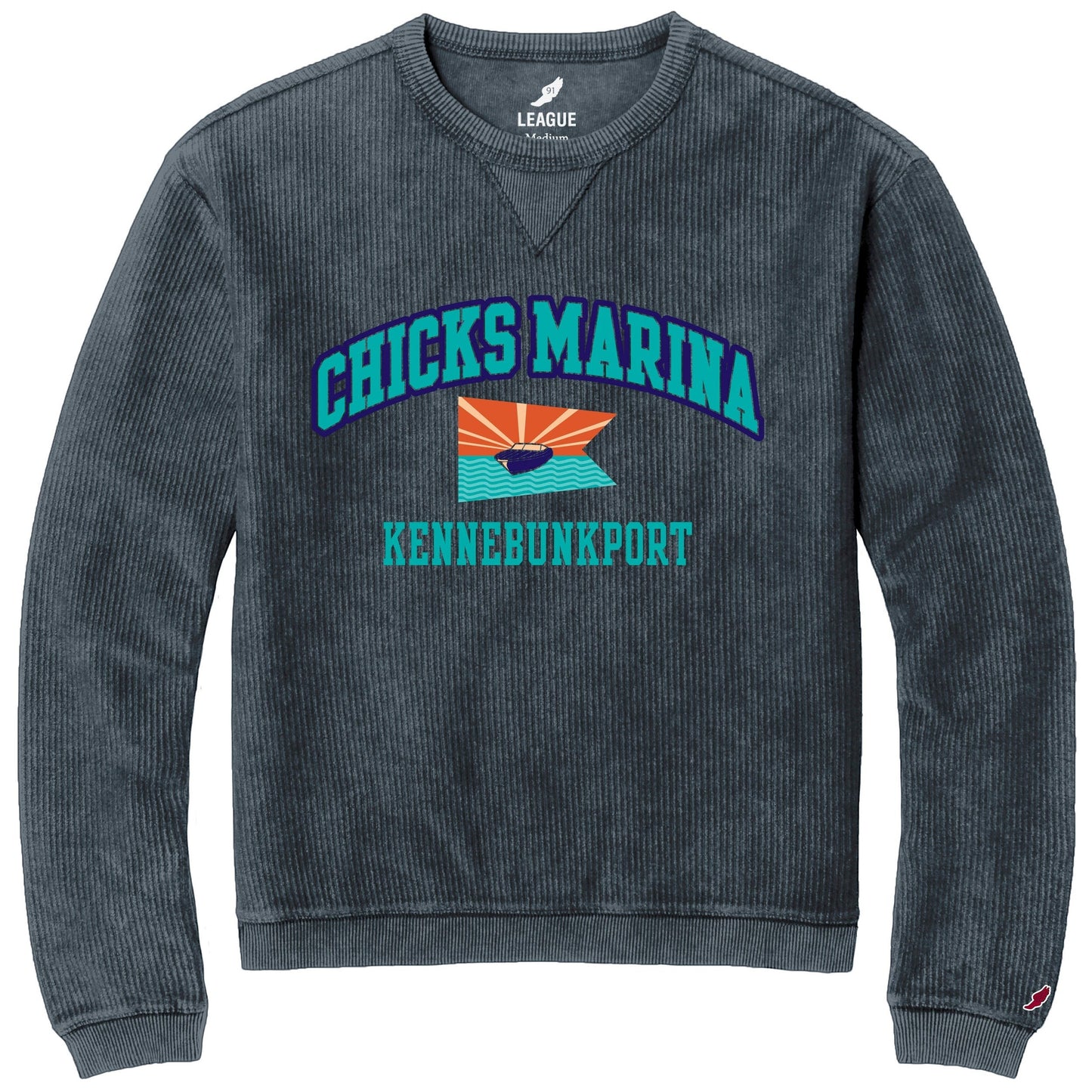Chicks Marina dark grey corduroy crewneck sweatshirt with a graphic of a sailboat on water and "KENNEBUNKPORT" text.
