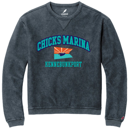 Chicks Marina dark grey corduroy crewneck sweatshirt with a graphic of a sailboat on water and "KENNEBUNKPORT" text.