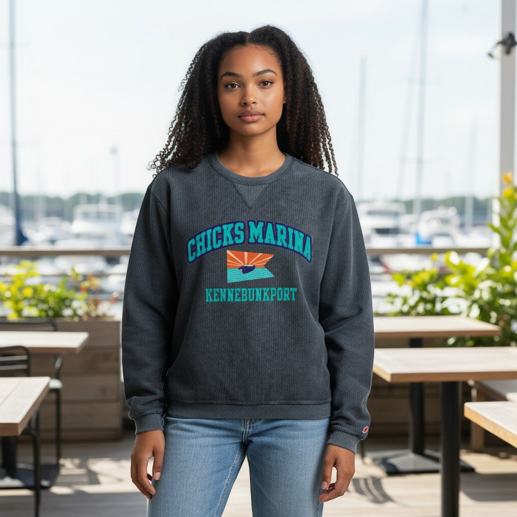 Chicks Marina charcoal grey corduroy crewneck sweatshirt with embroidered logo, 100% cotton.