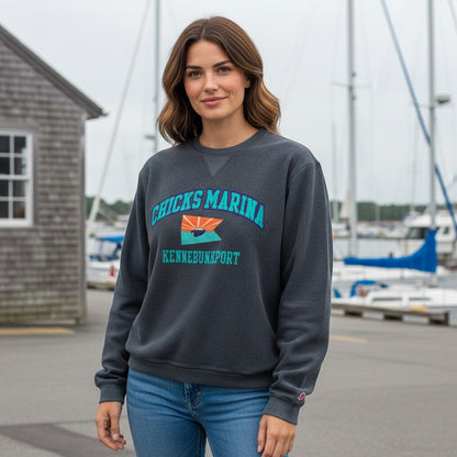 Chicks Marina women's dark grey corduroy crewneck sweatshirt with graphic logo on chest. 100% cotton.