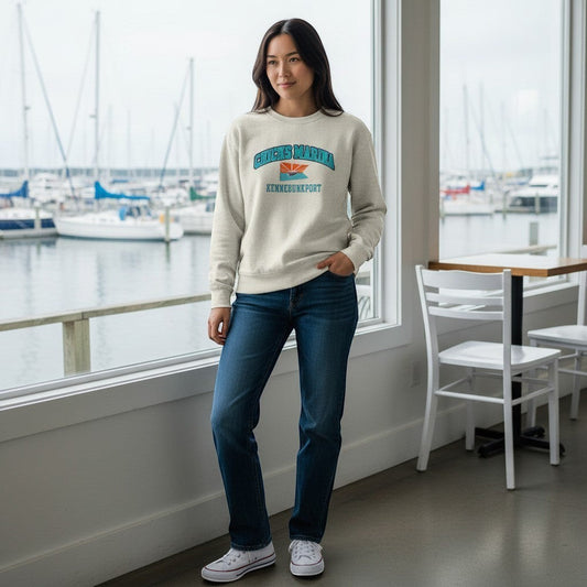 Chicks Marina cream sueded fleece crew sweatshirt with front logo and Kennebunkport text. Classic fit with V-notch.