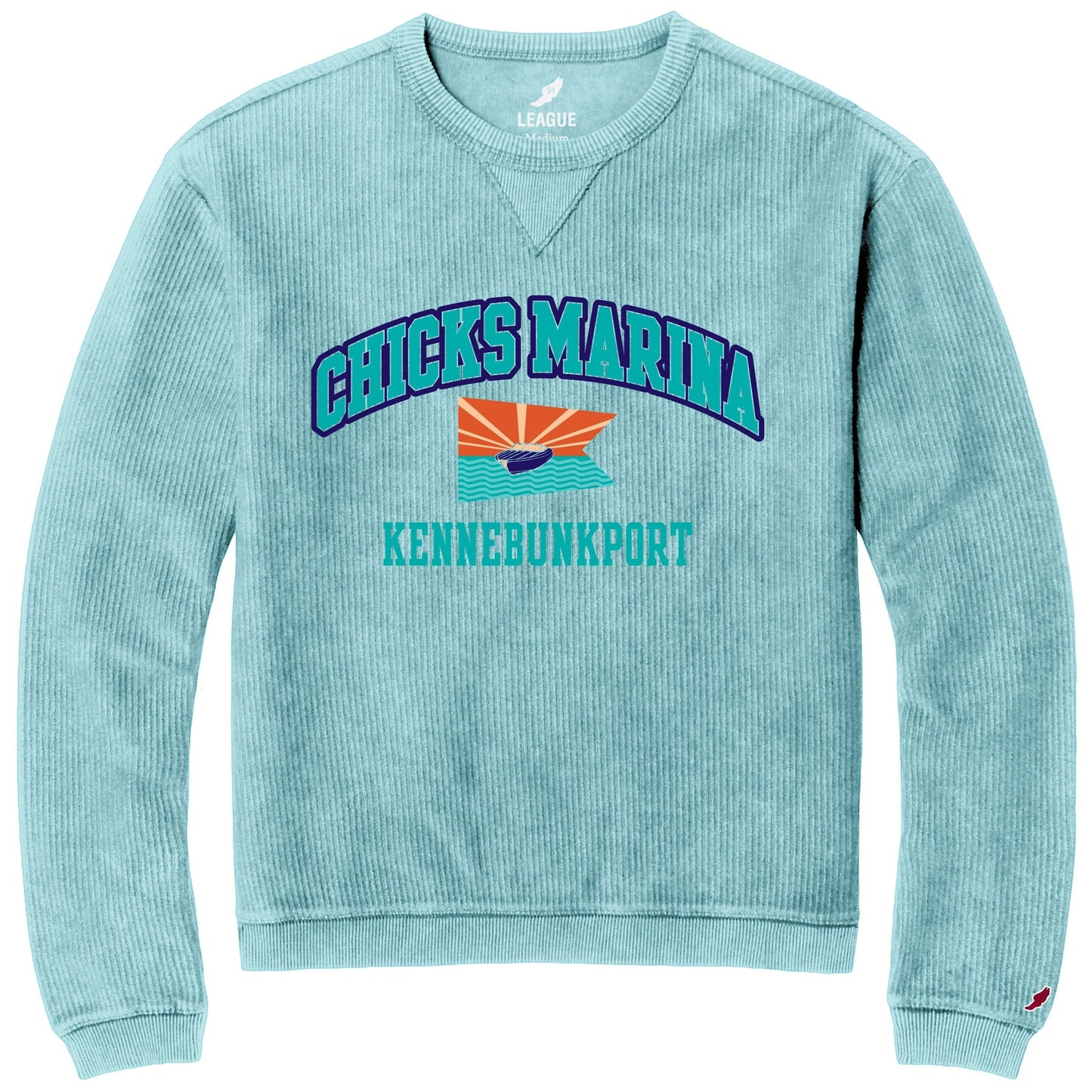 Chicks Marina light blue corduroy crewneck sweatshirt with graphic print and long sleeves.