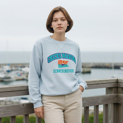 Chicks Marina light blue corduroy crewneck sweatshirt with embroidered logo and text. 100% cotton.