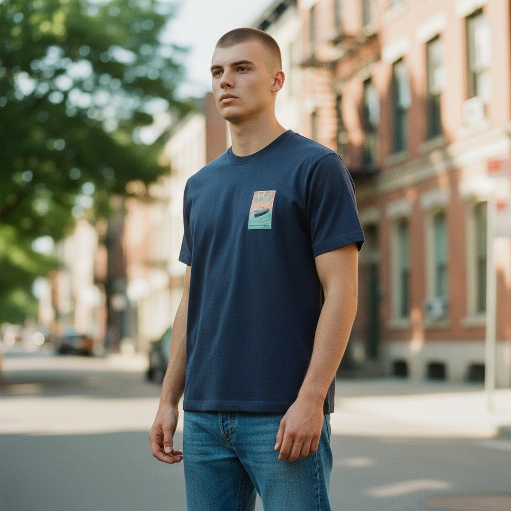 Chicks Marina navy blue 100% cotton short sleeve t-shirt with a graphic logo on the left chest.