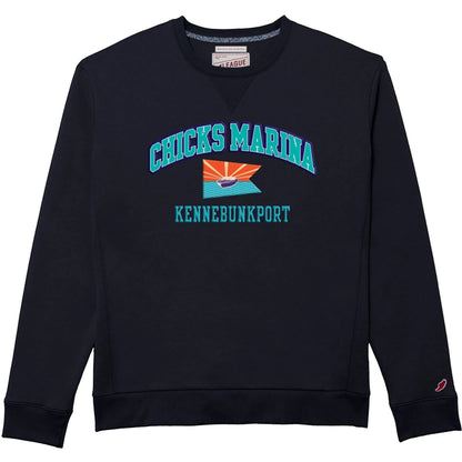 Chicks Marina navy blue crew sweatshirt with front logo, featuring a ribbed crewneck and soft sueded fleece fabric.