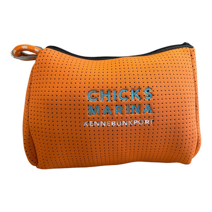 Chicks Marina orange perforated neoprene travel pouch with zipper closure, clip hook, and embroidered logo.