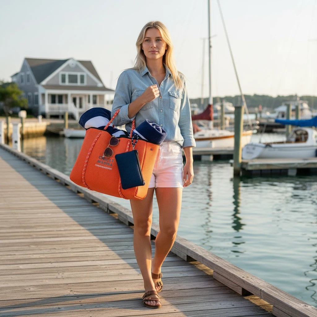 Woman carrying an orange Chicks Marina perforated neoprene tote bag with rope handles on a wooden marina dock.
