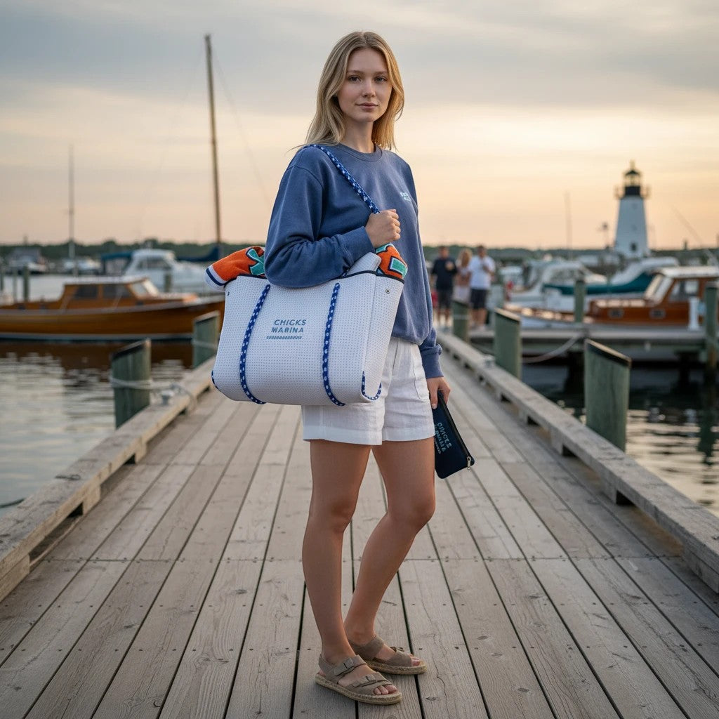 Woman on a marina dock carrying a white perforated Chicks Marina neoprene tote bag with blue rope handles.