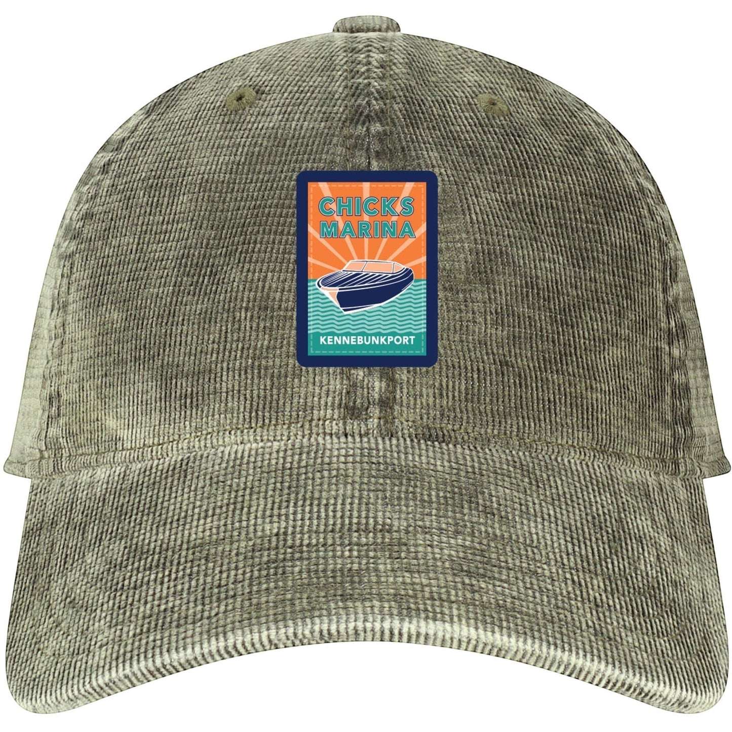 Chicks Marina salt-washed corduroy cap in olive with a vintage-style boat patch logo on the front.