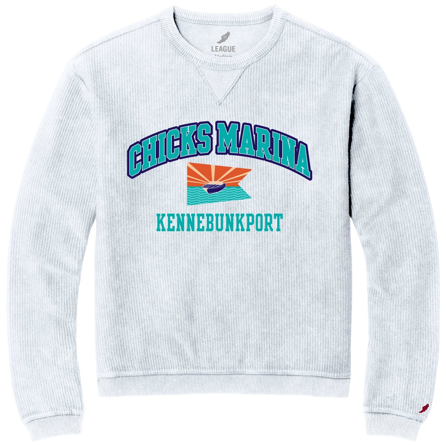Chicks Marina white corduroy crewneck sweatshirt with graphic logo and Kennebunkport text.