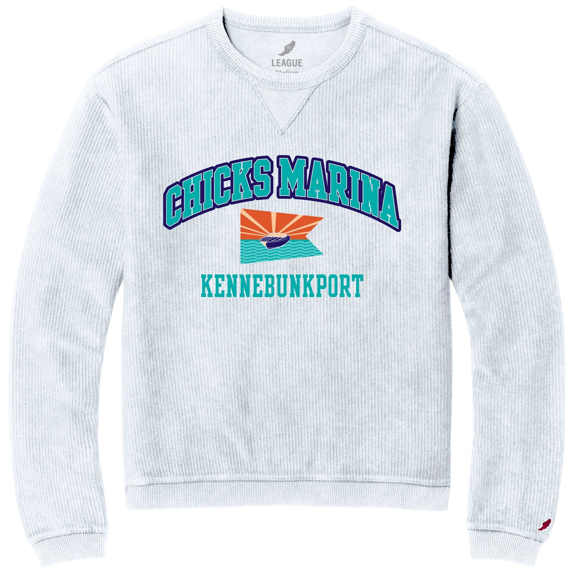 Chicks Marina white corduroy crewneck sweatshirt with graphic logo and Kennebunkport text.