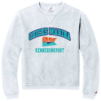 Chicks Marina white corduroy crewneck sweatshirt with graphic logo and Kennebunkport text.